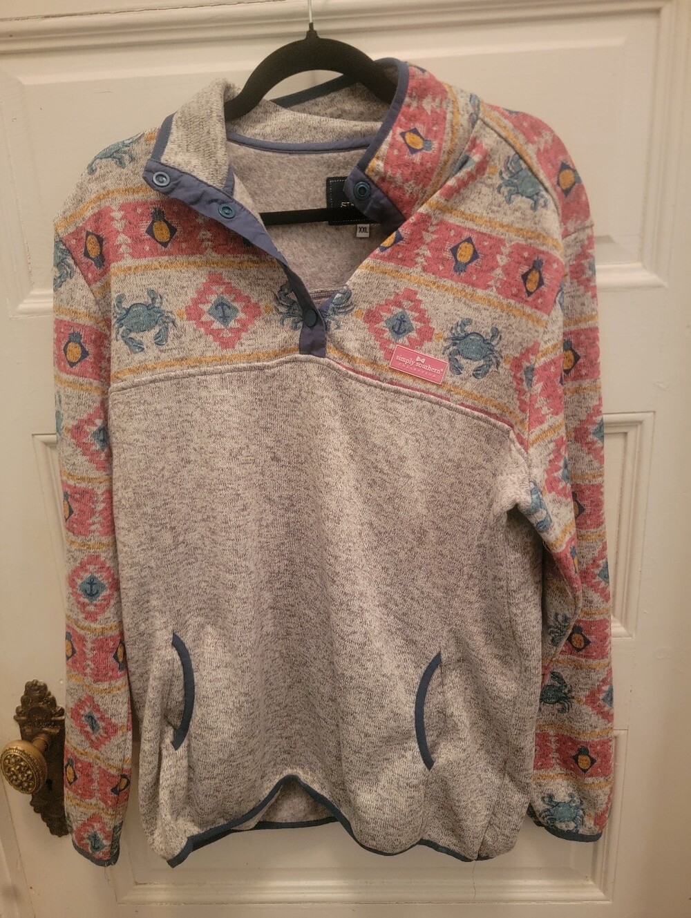 Simply Southern Heathered Gray Pullover with Pink, Blue & Yellow Pattern